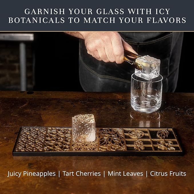 Clear Ice Cube Maker Design Tray - Craft Modern Ice Molds for Bourbon & Cocktails in 5 Seconds - Whiskey Mold Cube Stamp – Bartender Accessories - Copper Ice Press Cocktails by Ash Harbor (Botanicals)