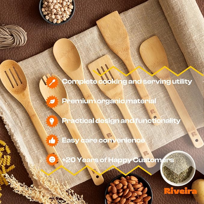 Riveira Bamboo Cooking Spoons 6-Piece – Wooden Cooking Utensils Set with Wooden Spoons for Cooking & Spatulas Wooden Utensil Sets – Premium Kitchen Utensils Set – Durable First Apartment Essentials