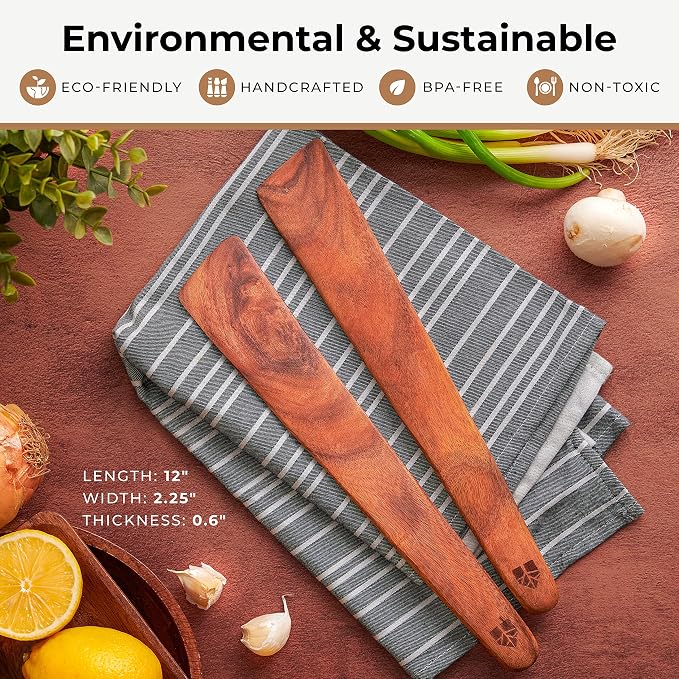 Wooden Spatula for Cooking, 12" Set of 2 - Turner & Scraper for Cast Iron | Flipper for Non Stick & Frying Pan, Egg & Pancake – BPA Free & Heat Resistant Teak Utensils