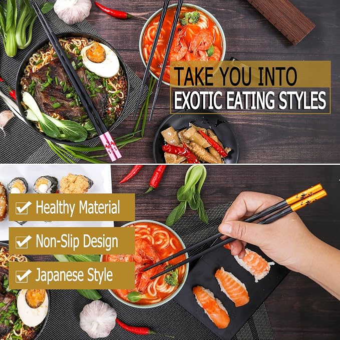 Fiberglass Chopsticks Series - Japanese Non-Slip Chopstick, Reusable Chop Sticks Dishwasher Safe, 5 Pairs, Gift Set, 9.9 Inches,Golden Fish