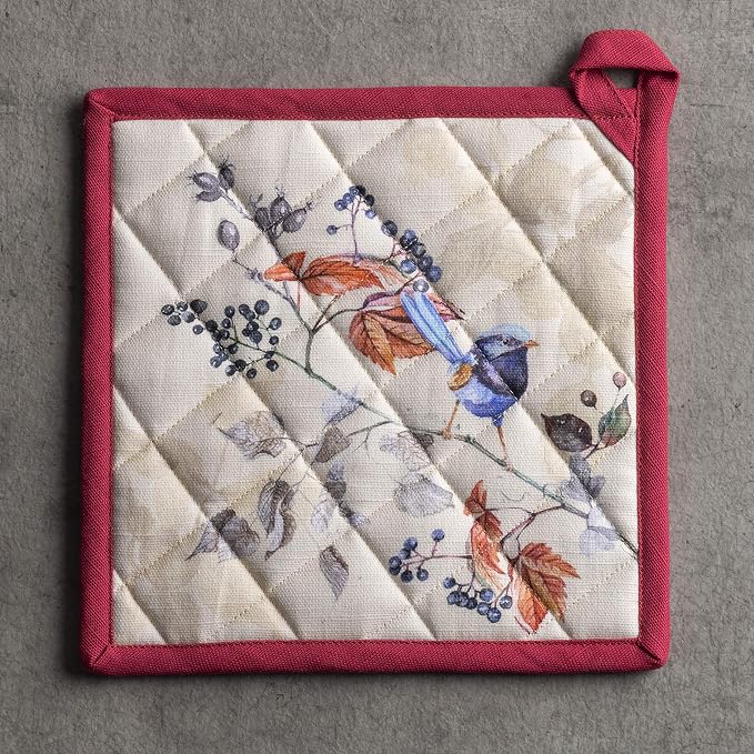 Maison d' Hermine 100% Cotton Oven Mitt & Pot Holder Set (7.5"x13" & 8"x8") | Heat Resistant BBQ Cooking Gloves with Loop Baking Kitchen Hotel Home Farmhouse Thanksgiving Christmas - Equinoxe - Beige