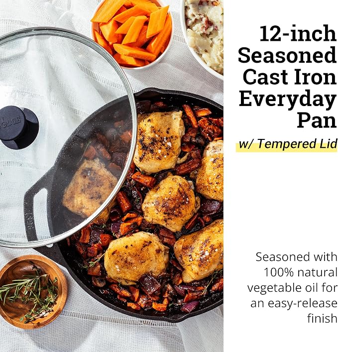 Lodge 12 Inch Cast Iron Everyday Pan - Chef Collection - Use on Oven, Stove, Grill, or Fire - Easy to Clean - Cast Iron Pan with Lid - Durable Cookware