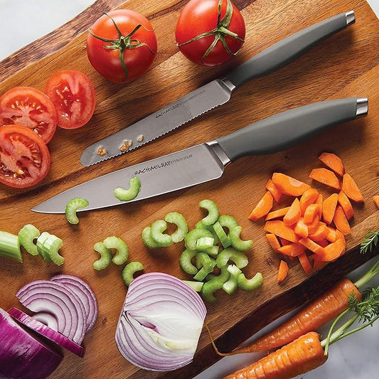 Rachael Ray Cutlery Japanese Stainless Steel Knives Set with Sheaths, 6-Inch Utility Knife and 5-Inch Serrated Utility Knife, Gray