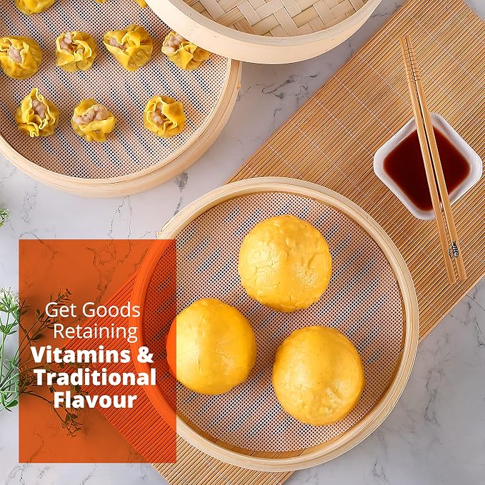 KITCHENCRUST Bamboo Steamer Basket for Chinese Asian Cuisine - 2 Tier 10-Inch Steaming Basket Bun Vegetable Steam, Dumpling Steamer bamboo steam basket, Sauce Dish, Chopsticks, Reusable Liners, Ring