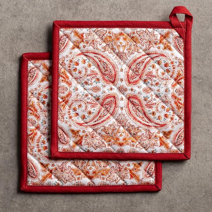 Maison d' Hermine Pot Holders 100% Cotton Potholders (8" x 8", Pack of 2) | Heat Resistant Hot Pads with Loop BBQ Cooking Baking Hotel Kitchen Handling Hot Pans Thanksgiving Christmas - Orient