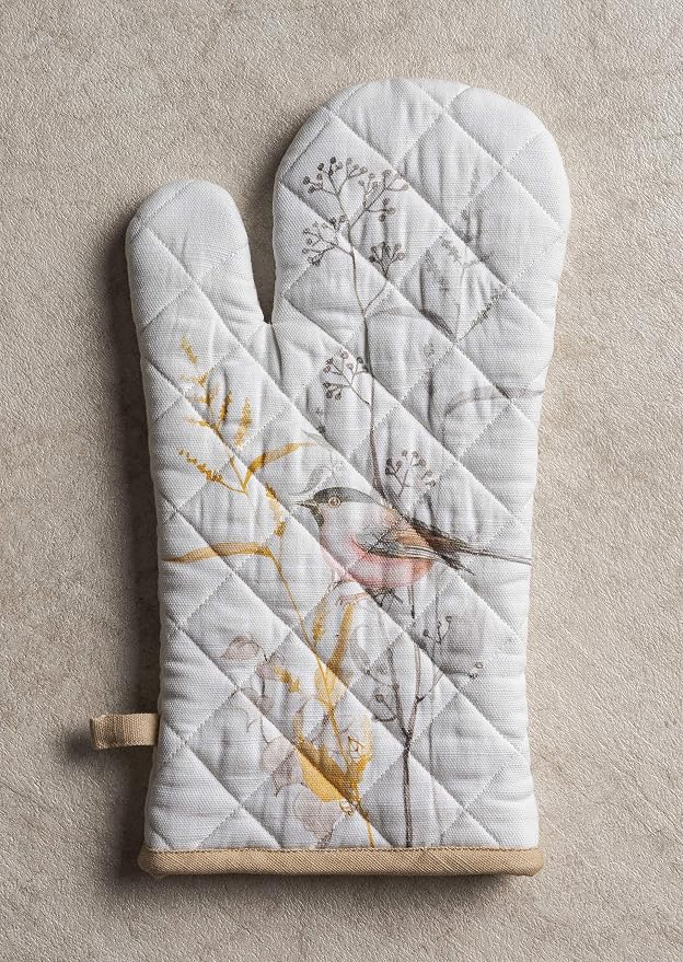 Maison d' Hermine 100% Cotton Oven Mitt & Pot Holder Set (7.5"x13" & 8"x8") | Heat Resistant BBQ Cooking Gloves with Loop Baking Grilling Kitchen Home Farmhouse Spring Summer - Meadow Florals - Beige