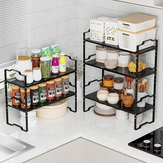 Expandable Shelf for Cabinet Organizer Adjustable Stackable Spice Rack at Kitchen and Bathroom More, Counter Countertop Cupboard Organization Pantry Storage(LARGE/2PACKS/BLACK)