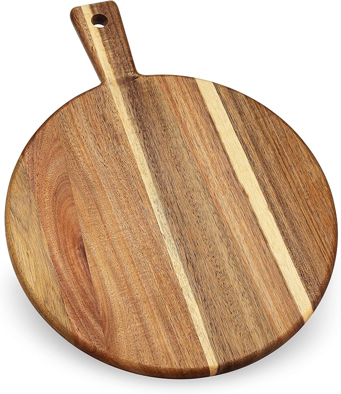 Acacia Wood Cutting Board and Chopping Board with Handle for Meat, Cheese Board, Vegetables, Bread, and Charcuterie - Decorative Wooden Serving Board for Kitchen and Dining Room, Large 13" x 13"