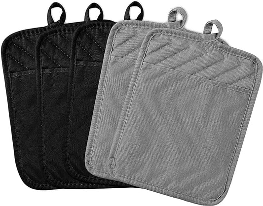 5Pack Pot Holders for Kitchen Heat Resistant Cotton Potholder Multipurpose Hot Pad Machine Washable Oven Mitts with Pocket Potholders for Baking and Cooking 8.9 x 6.9 in Gray Black