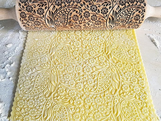 KASHMIR pattern Embossed Rolling Pin. Engraved Dough Roller with Paisley for Embossed Cookies and Pottery by Algis Crafts