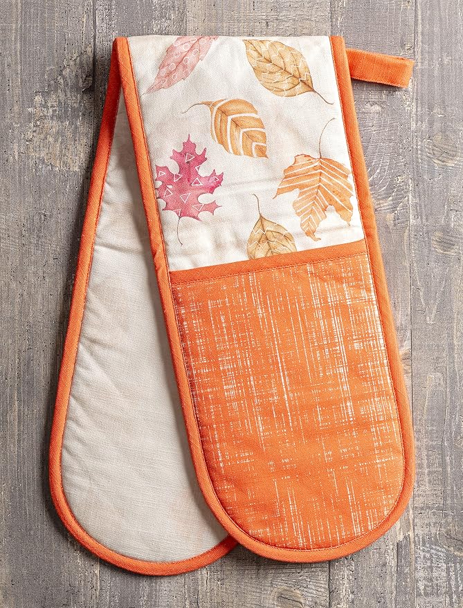 Maison d' Hermine Double Oven Mitts 100% Cotton Double Oven Glove (7"x35") | Heat Resistant BBQ Cooking Gloves with Loop Baking Kitchen Home Hotel Farmhouse Thanksgiving Christmas - Colours Of Autumn