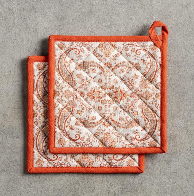 Maison d' Hermine Pot Holders 100% Cotton Potholders (8" x 8", Pack of 2) | Heat Resistant Hot Pads with Loop BBQ Cooking Baking Hotel Kitchen Handling Hot Pans Thanksgiving Christmas - Cachemire