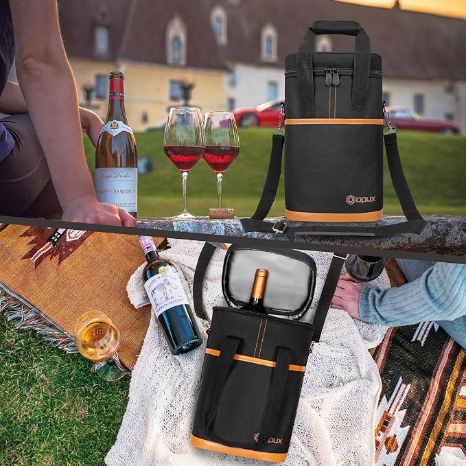 Opux 4 Bottle Insulated Wine Cooler Bag - Leakproof Padded Portable Wine Bottle Carrier for Travel Picnic BYOB Gift (Brown)