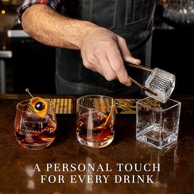 Clear Ice Cube Maker Design Tray - Craft Modern Ice Molds for Bourbon & Cocktails in 5 Seconds - Whiskey Mold Cube Stamp – Bartender Accessories - Copper Ice Press Cocktails by Ash Harbor (Holidays)