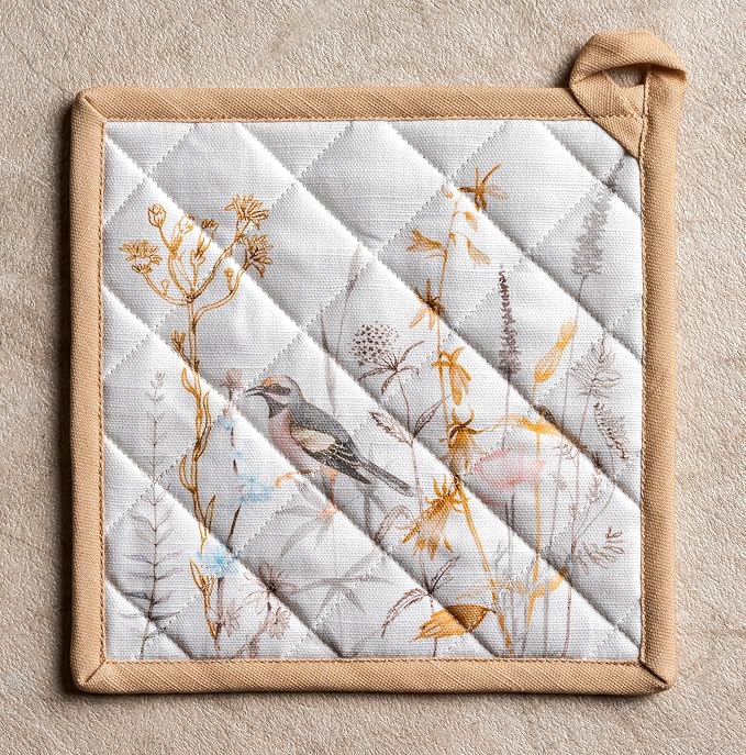 Maison d' Hermine 100% Cotton Oven Mitt & Pot Holder Set (7.5"x13" & 8"x8") | Heat Resistant BBQ Cooking Gloves with Loop Baking Grilling Kitchen Home Farmhouse Spring Summer - Meadow Florals - Beige