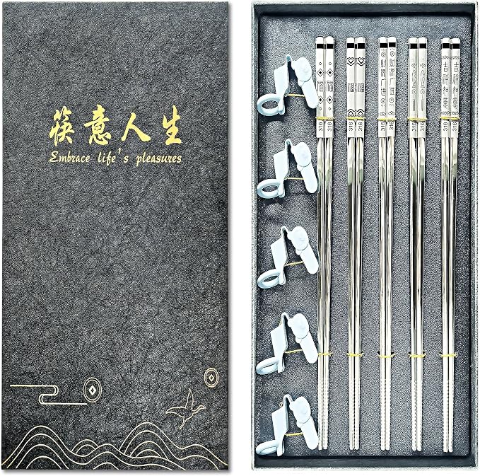 Premium 316 Medical Grade Stainless Steel Chopsticks 5 Pairs And Set with 5 Chopstick Helpers,Metal, Training For kids and Adults，Luxury Gift Box with Gold Design